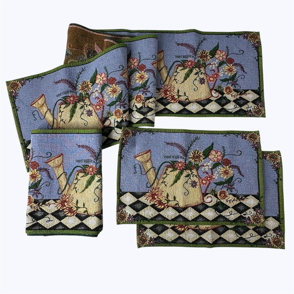 Spring Tapestry Floral Watering Can Placemats Table Runners 2 of Each Cottage